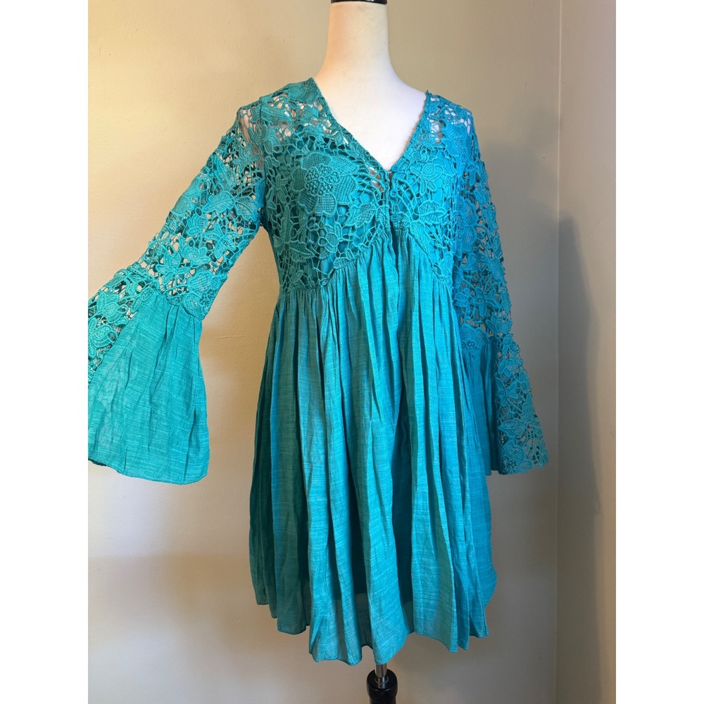 Cottage Teal Crochet Lace Bell Sleeve Boho Mini Dress S NEW whimsigoth fairy Y2K